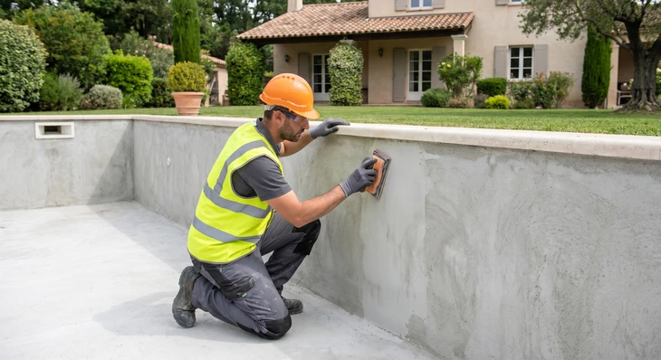 Technicien en combinaison verte effectue la maintenance d'un système de filtration piscine en extérieur