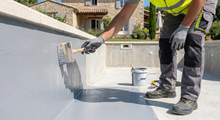 Technicien en casquette accroupi au bord d'une piscine résidentielle, consultant une tablette tactile près d'équipements de filtration