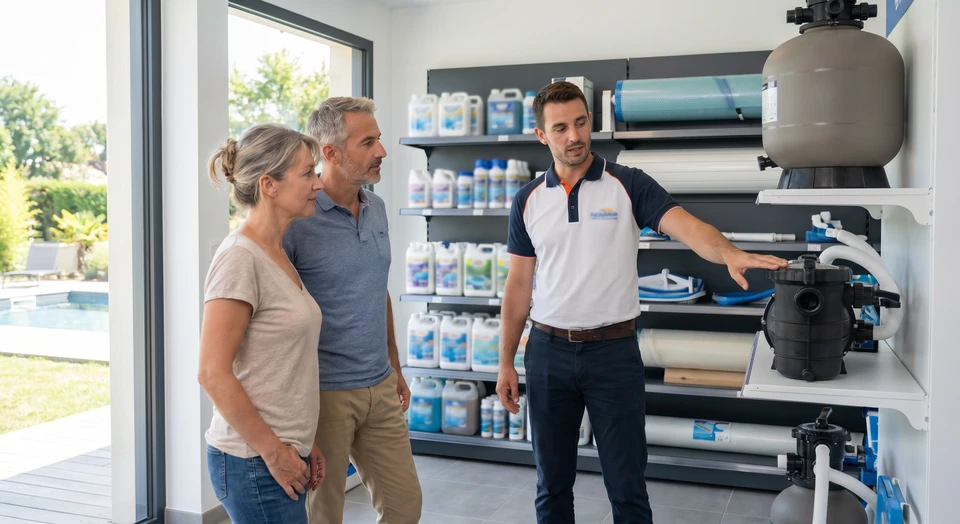 Conseiller technique d'un pisciniste en discussion avec un client propriétaire d'une piscine privée dans l'espace d'exposition d'une boutique spécialisée en équipement piscine. Le conseiller, portant un polo ou vêtements professionnels, pointe une documentation ou un produit (filtre, pompe, ou système de traitement d'eau) tout en écoutant attentivement le client. L'environnement montre des rayonnages avec des produits piscine (produits chimiques, accessoires), créant une atmosphère de conseil professionnel honnête et personnalisé, sans pression de vente.