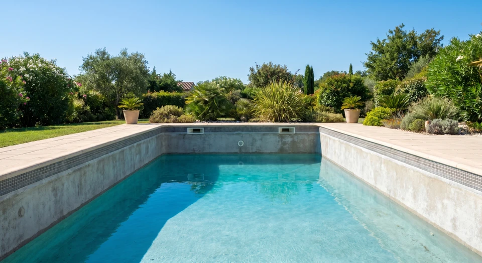 Une piscine extérieure avec un niveau d'eau visiblement plus bas que la normale, les parois du bassin partiellement apparentes près de la ligne de flottaison, photographiée en clair jour. On peut distinguer une zone sèche du béton autour du bassin contrastant avec la zone généralement immergée. L'image doit montrer clairement le problème de baisse d'eau sans être dramatique, avec une qualité photographique professionnelle.
