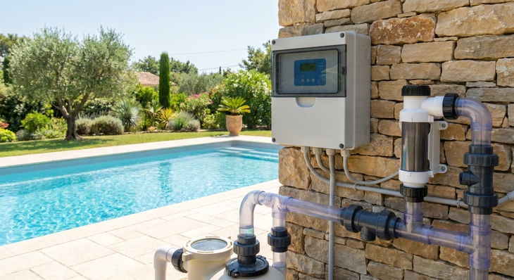 Piscine extérieure avec robot nettoyeur automatique blanc et bleu positionné au bord du bassin