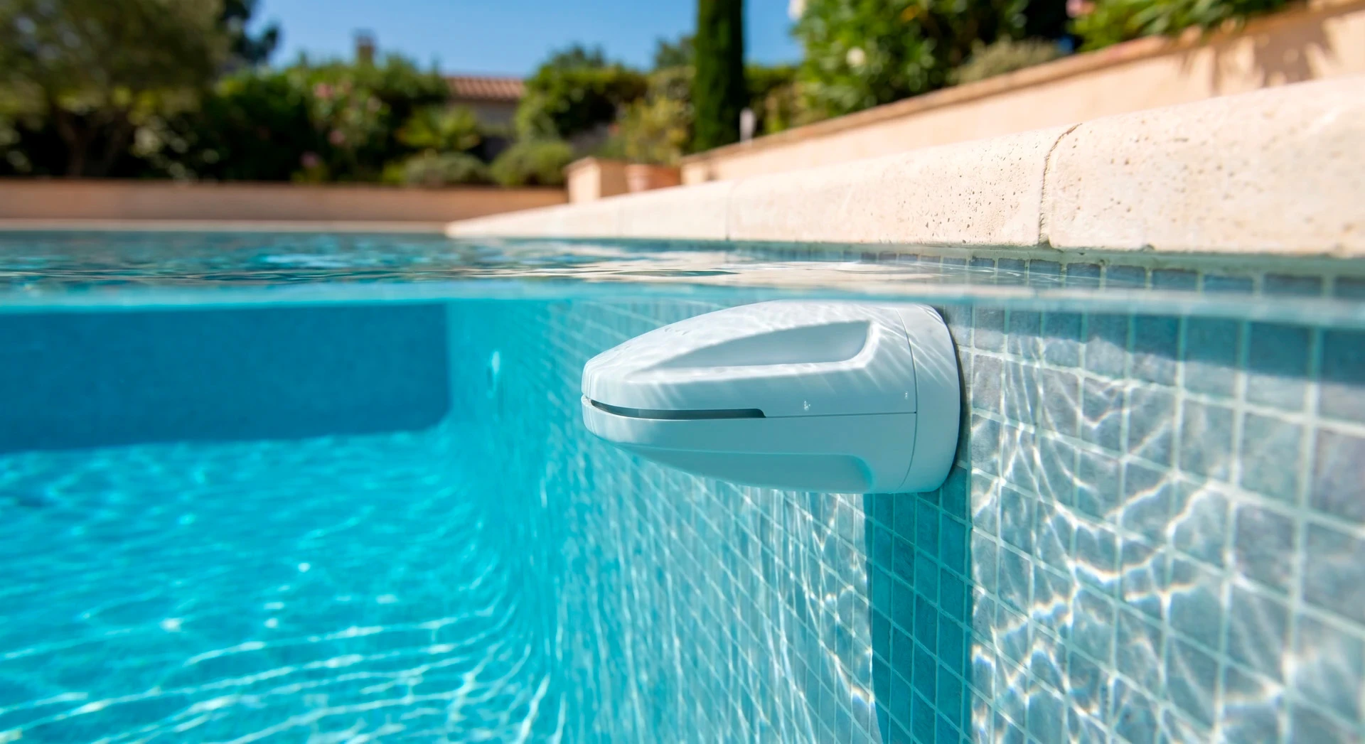 Scène extérieure autour d'une piscine avec enrouleur de bâche automatique installé sur margelles en pierre claire