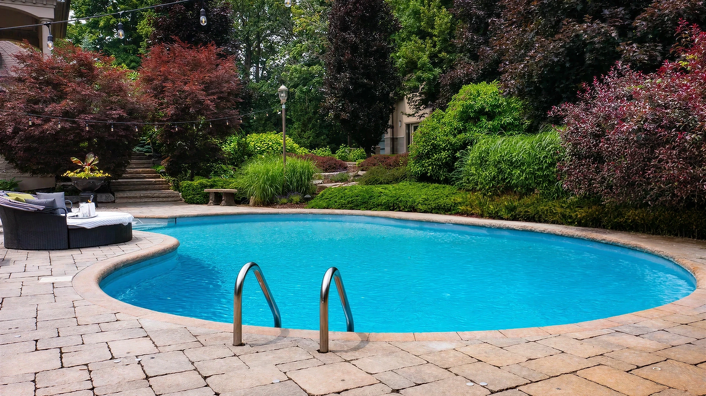 Jardin résidentiel avec piscine enterrée de forme libre, terrasse en dalles, pelouse entretenue